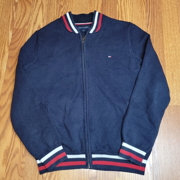 Tommy Hilfiger Blue Full ZIP Knit Sweater Navy With White Red Flag Stripes Sm/P - Picture 10 of 10